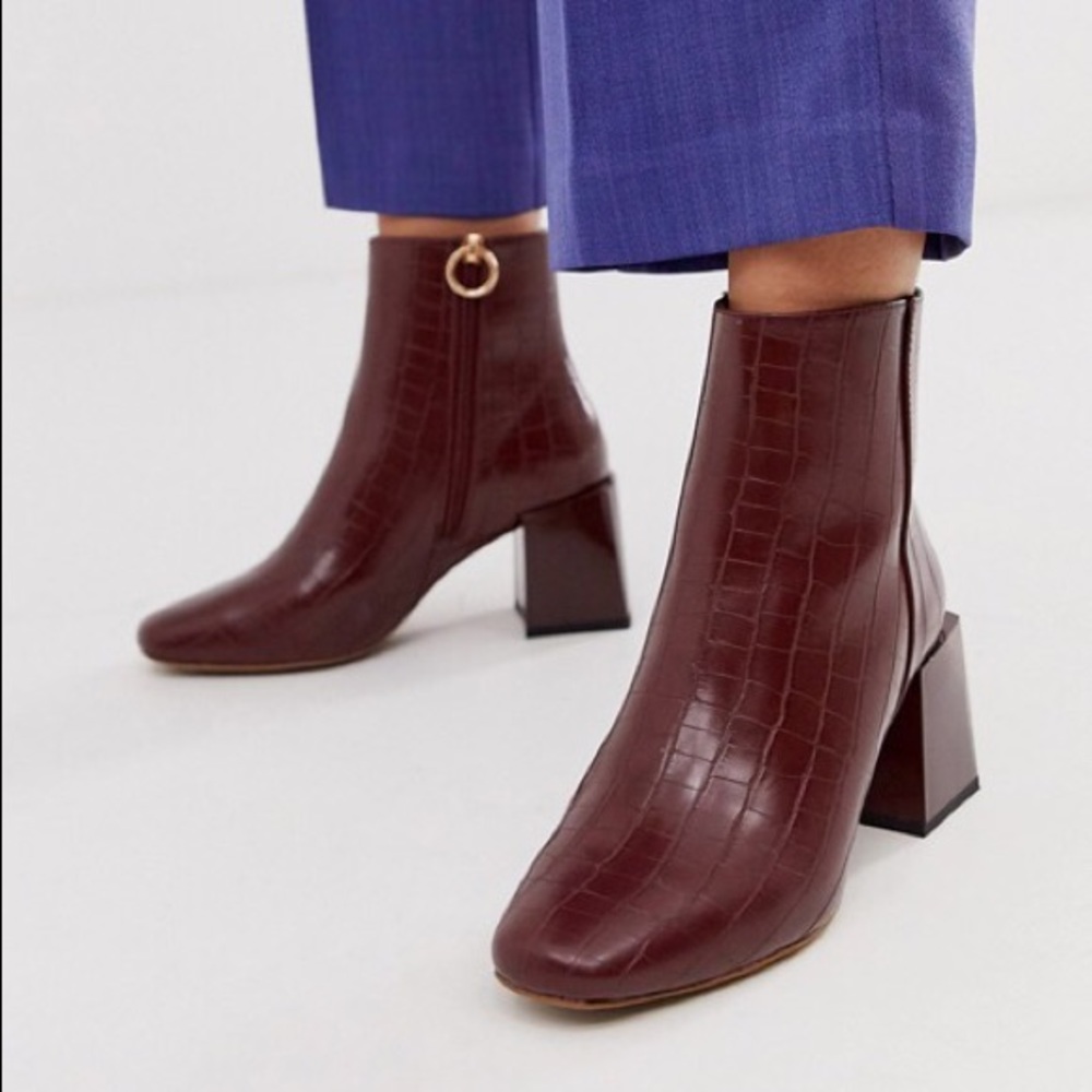 ASOS Wide Fit Reed Heeled Ankle Boots Brown Croc
